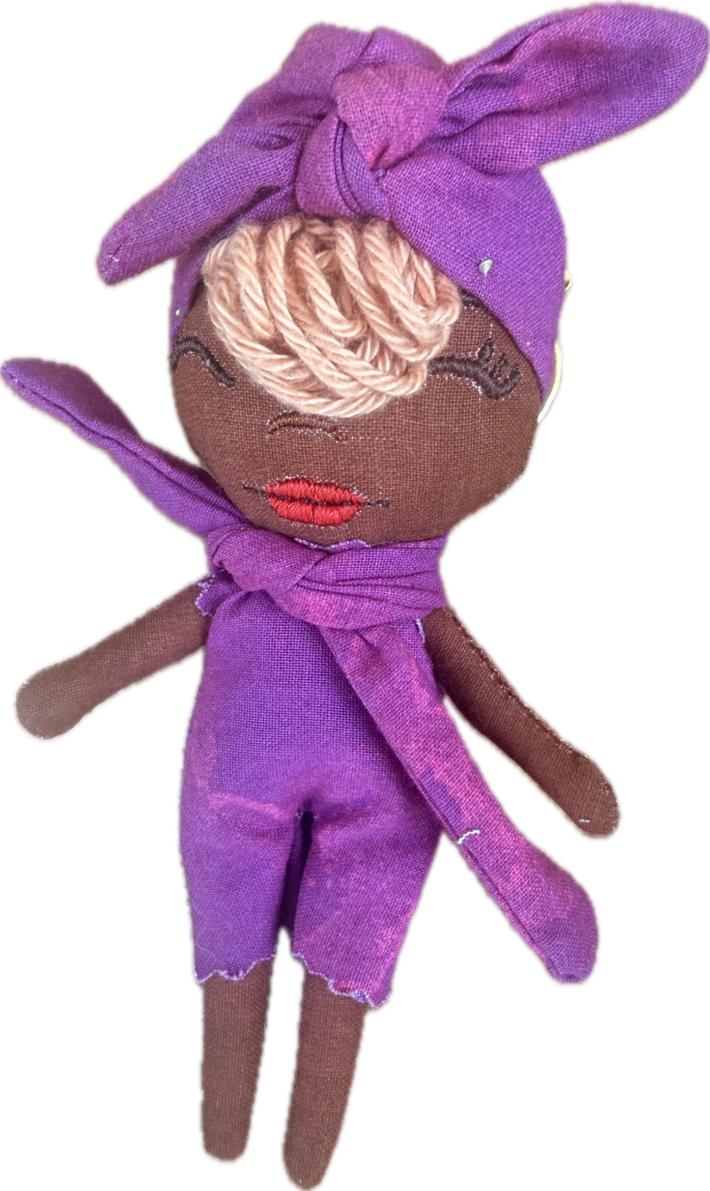 Douclé porte-clés poupée en tissu violet, teint chocolat, fait main