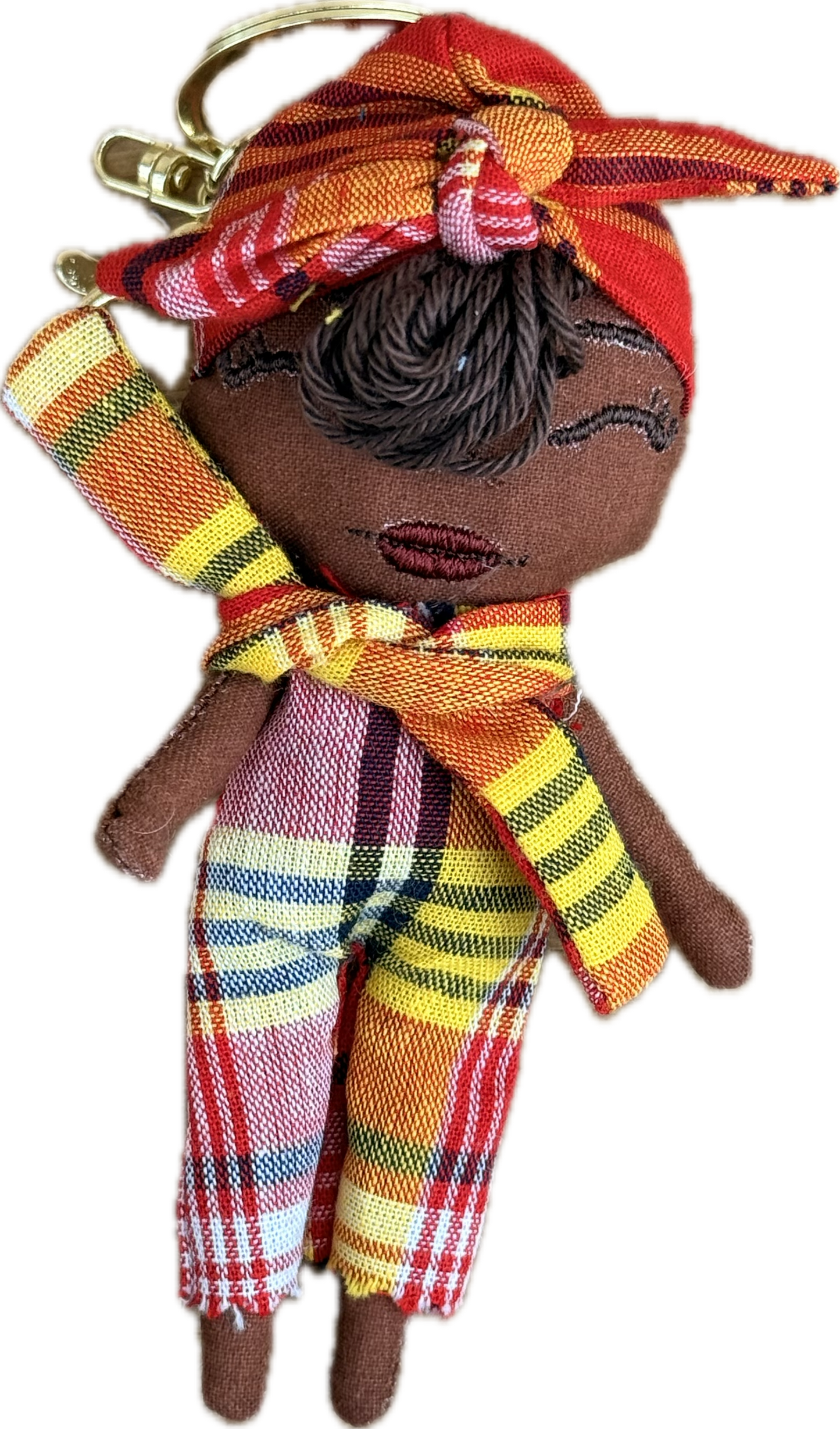 Douclé porte-clés poupée en tartan rouge et orange, teint pecan, fait main