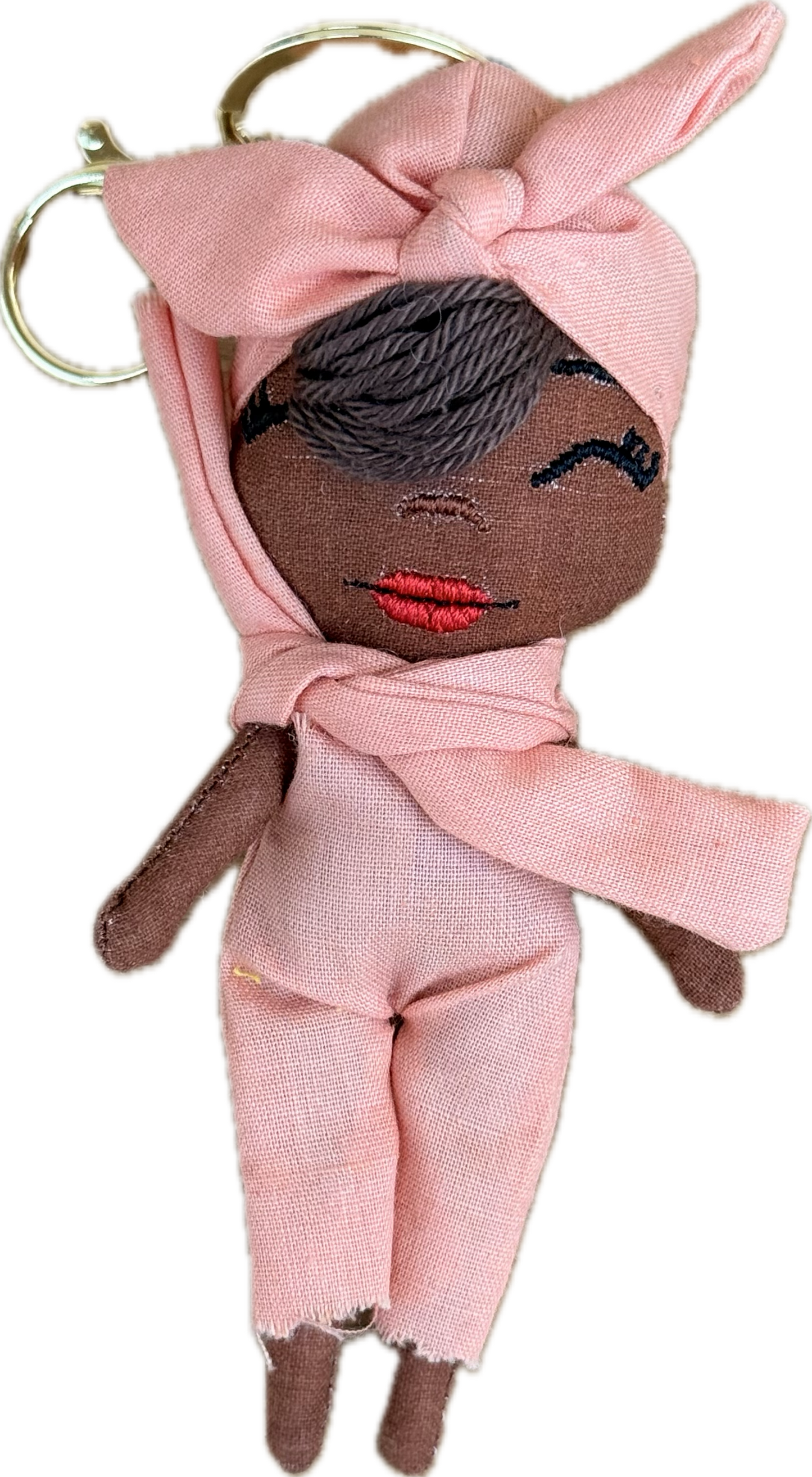 Douclé porte-clés poupée en tissu rose pâle, teint chocolat, fait main