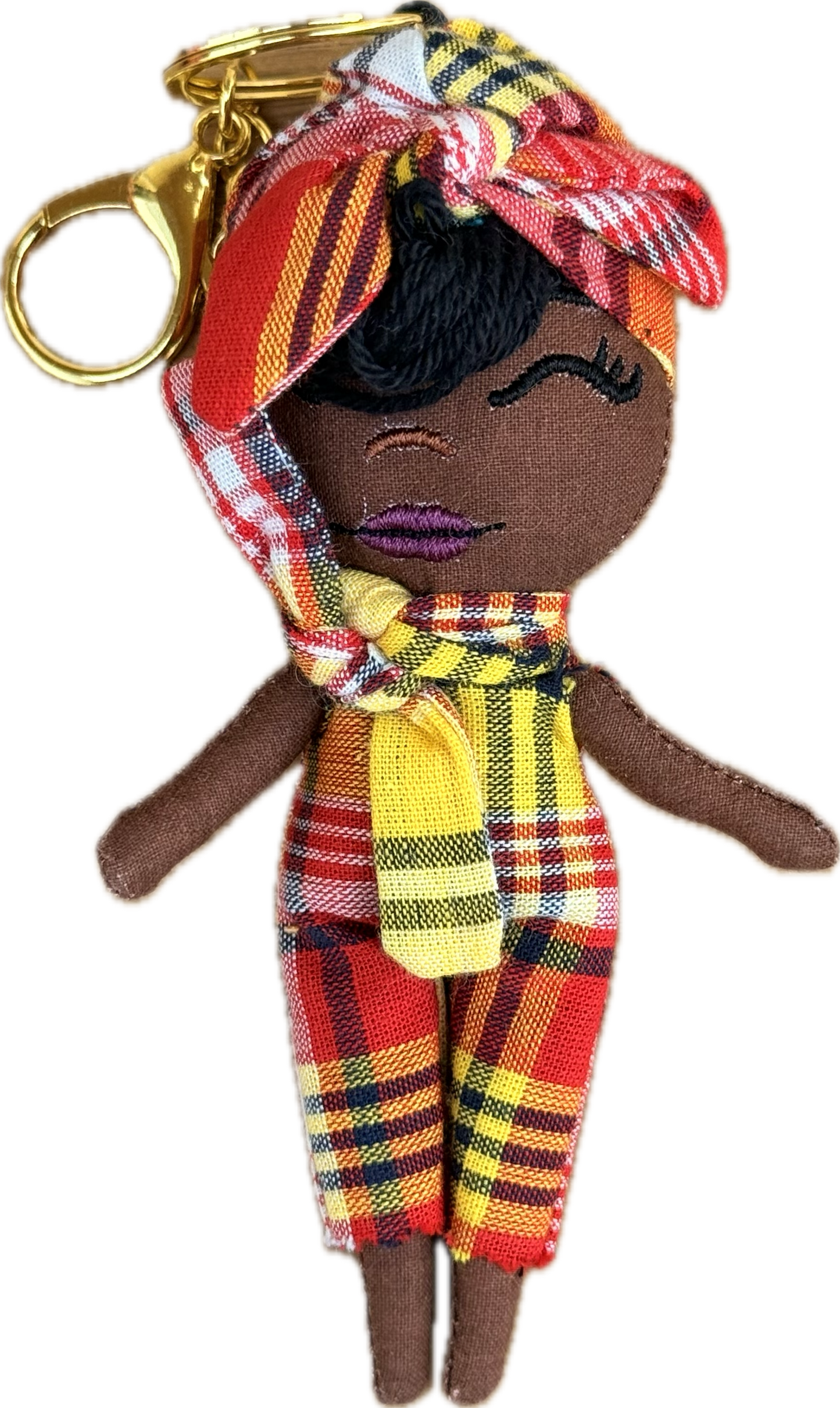 Douclé porte-clés poupée en tartan rouge, blanc et noir, teint chocolat, fait main