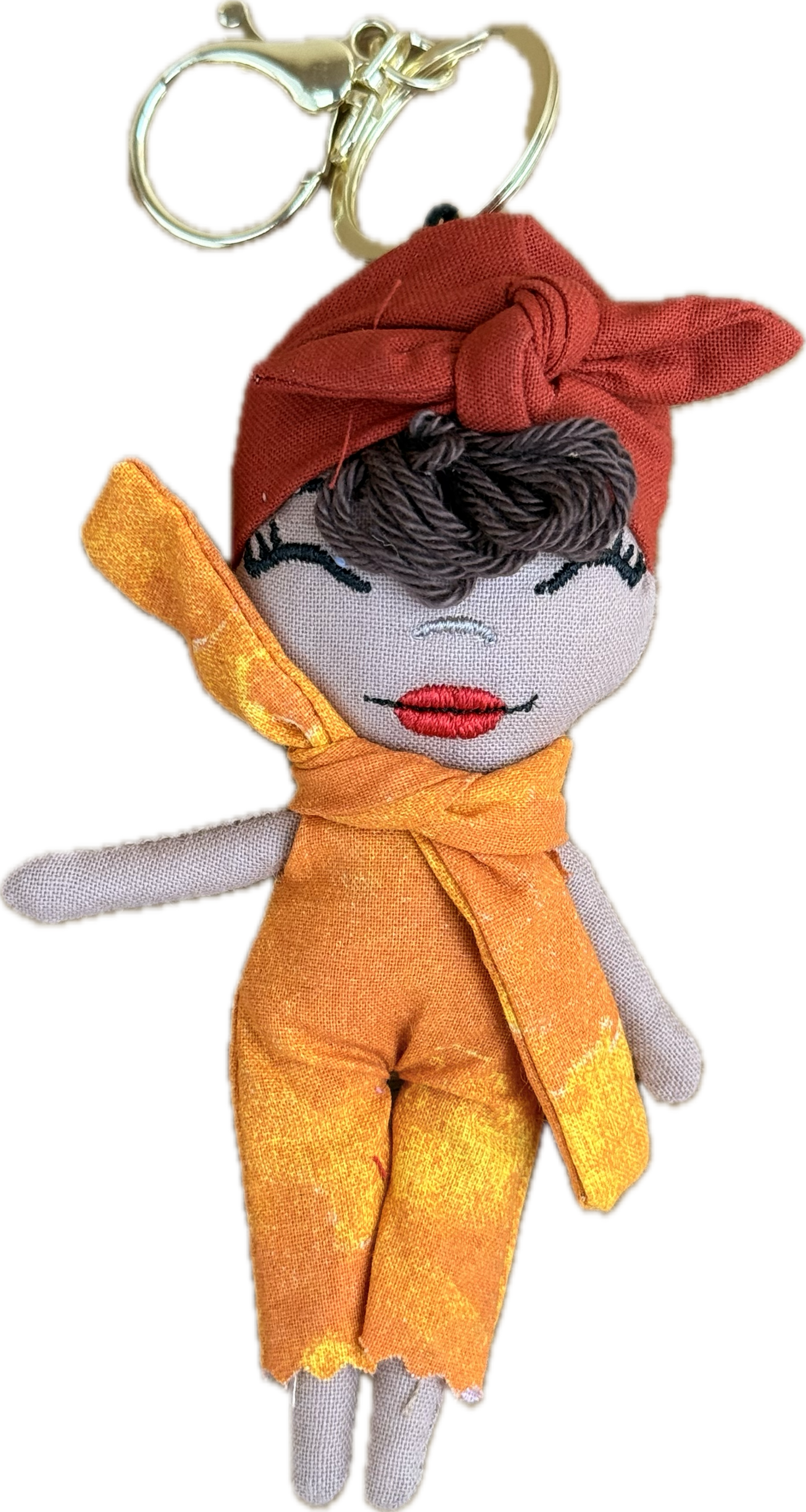 Douclé porte-clés poupée en tissu orange rouille, teint crème, fait main