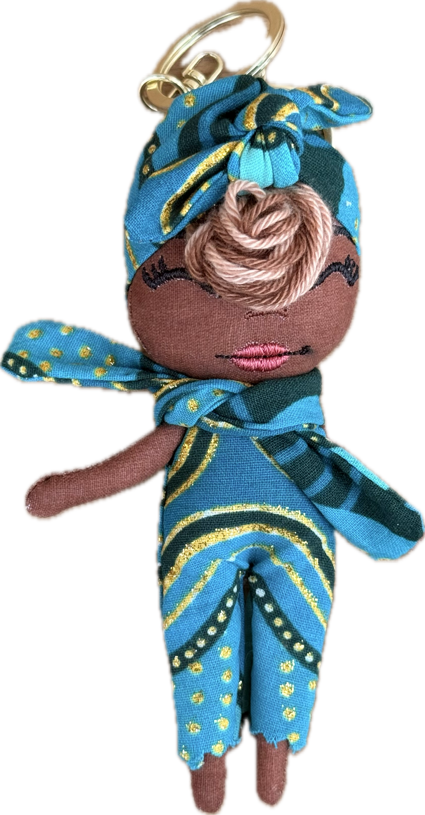 Douclé porte-clés poupée en wax turquoise et or à motifs, teint caramel, fait main