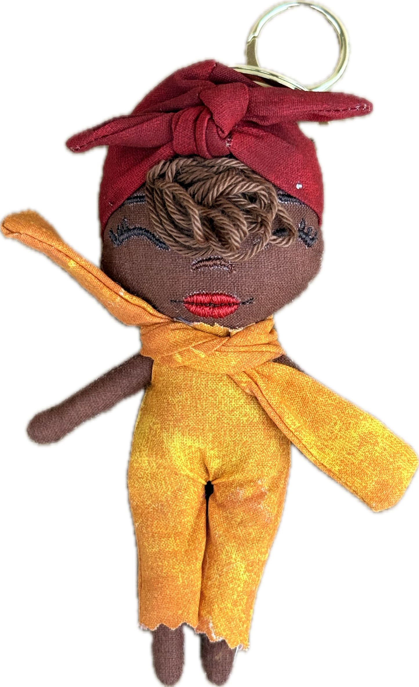 Douclé porte-clés poupée en tissu orange et jaune avec headwrap bordeaux, teint chocolat, fait main