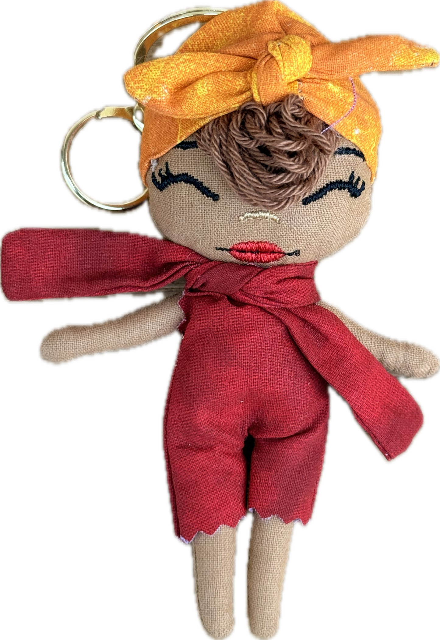 Douclé porte-clés poupée en tissu rouge avec headwrap orange, teint caramel, fait main