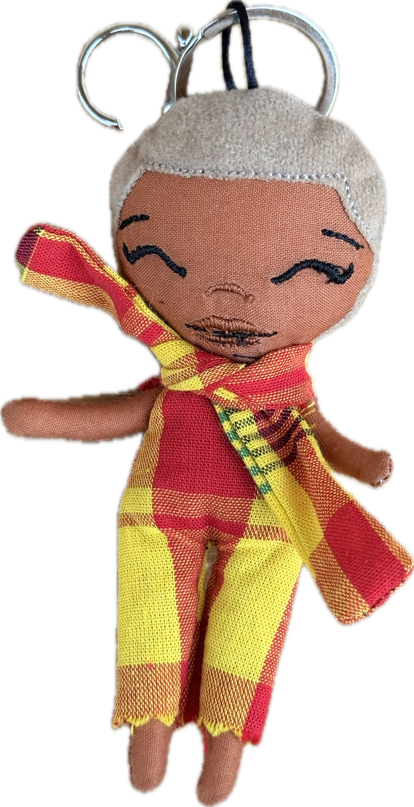 Douclé porte-clés poupée en tartan rouge et jaune, cheveux courts, teint caramel, fait main