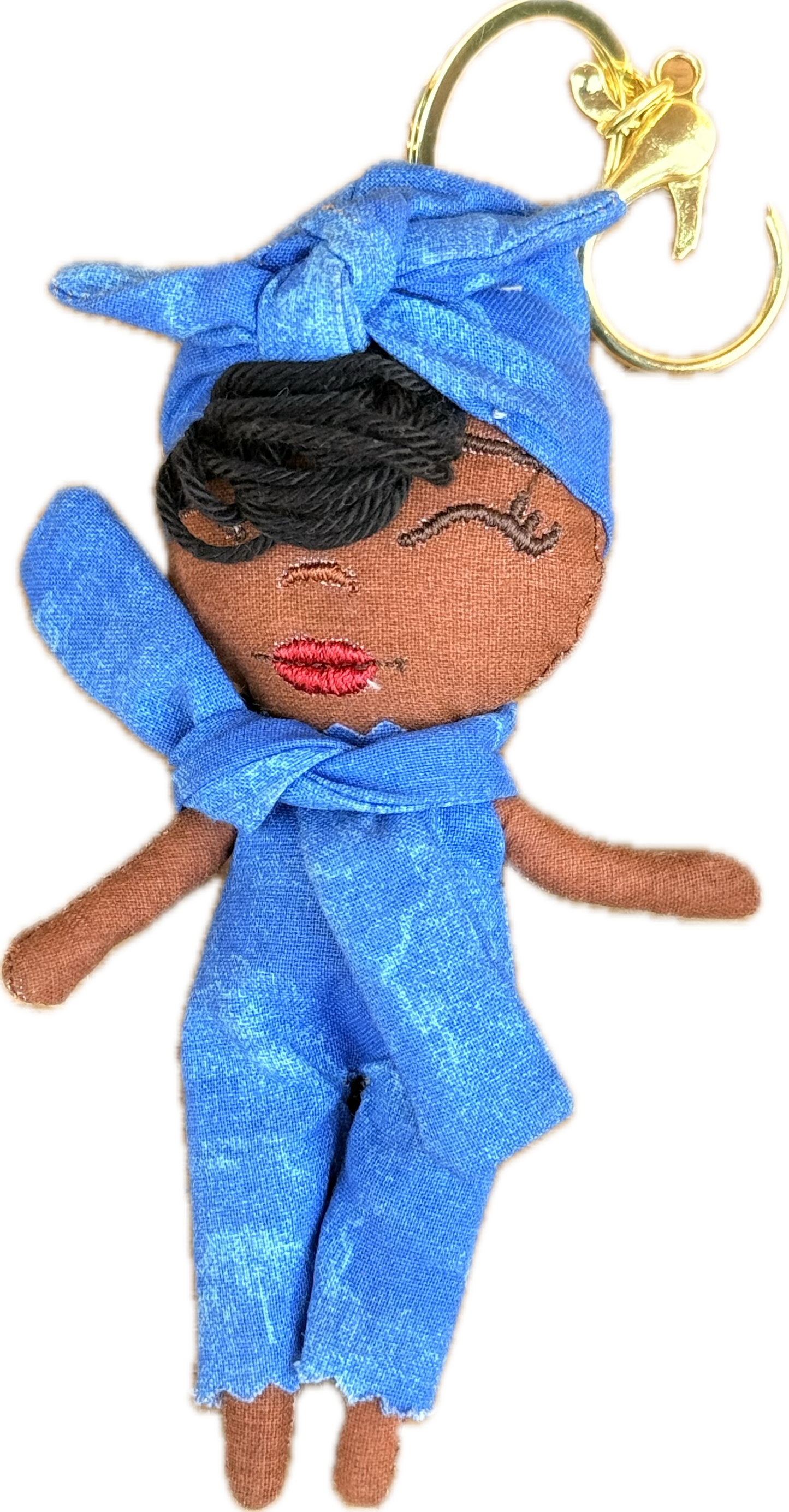 Douclé porte-clés poupée en tissu bleu, teint caramel, fait main