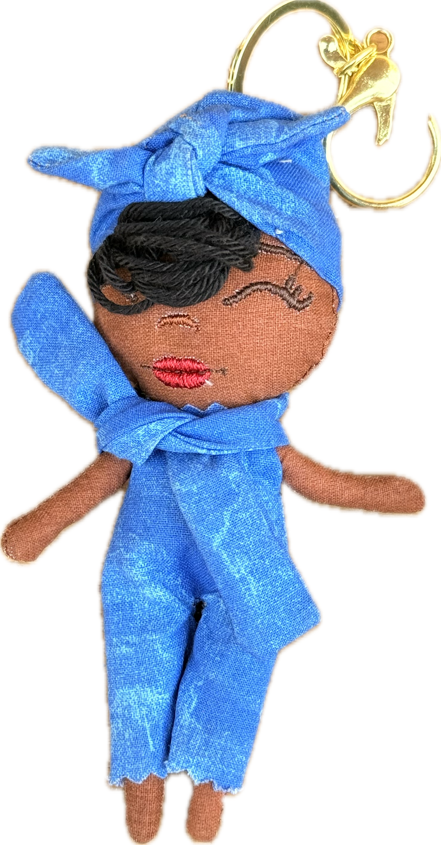 Douclé porte-clés poupée en tissu bleu, teint caramel, fait main