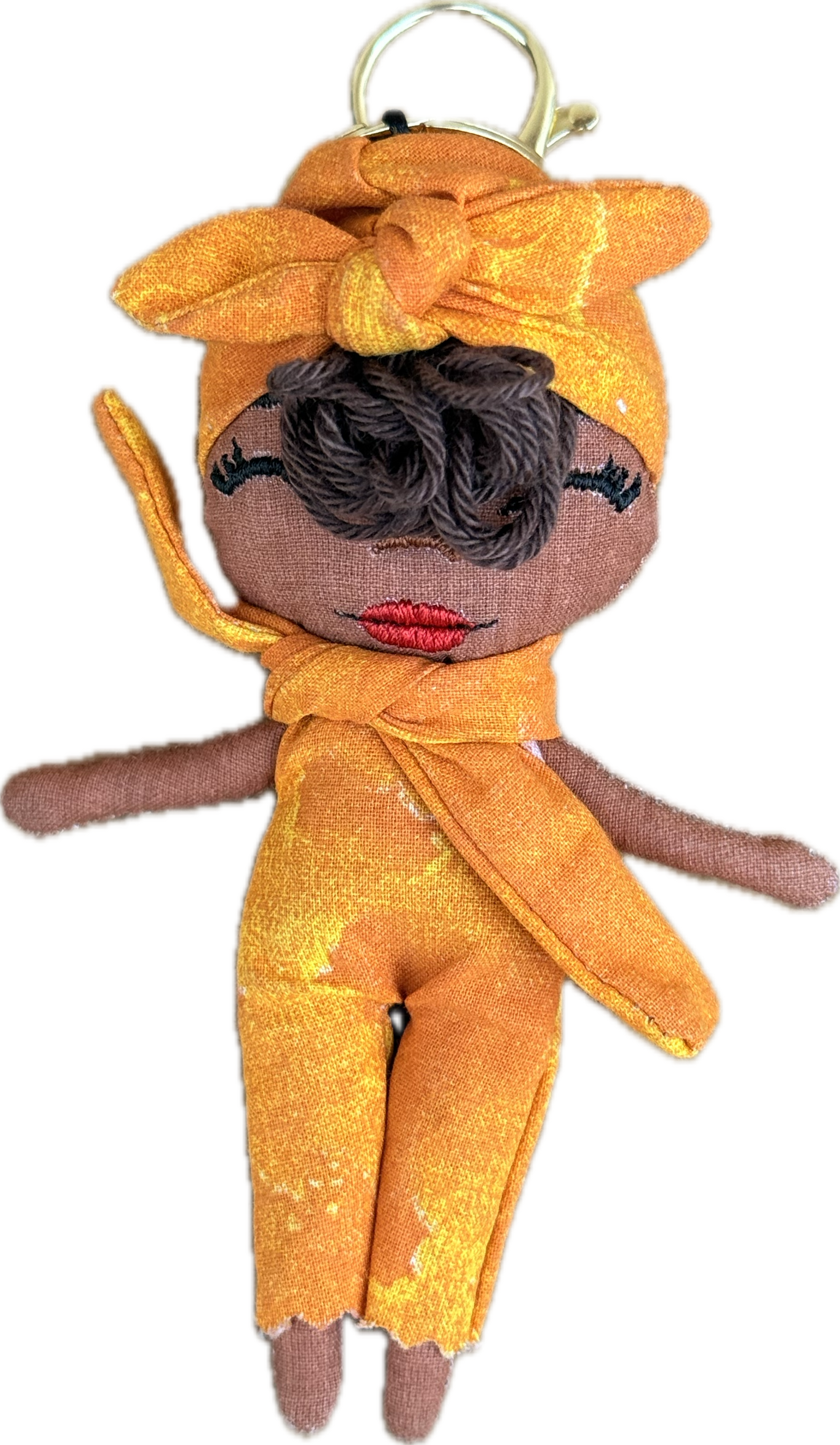 Douclé porte-clés poupée en tissu orange, teint caramel, fait main