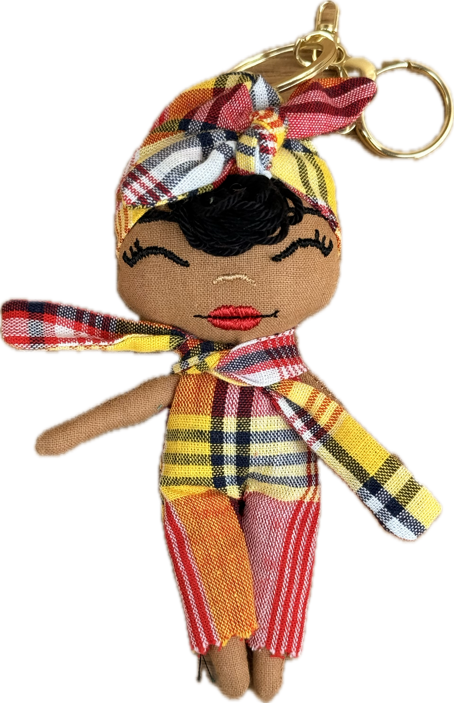 Douclé porte-clés poupée en tartan jaune et rouge, teint caramel, fait main