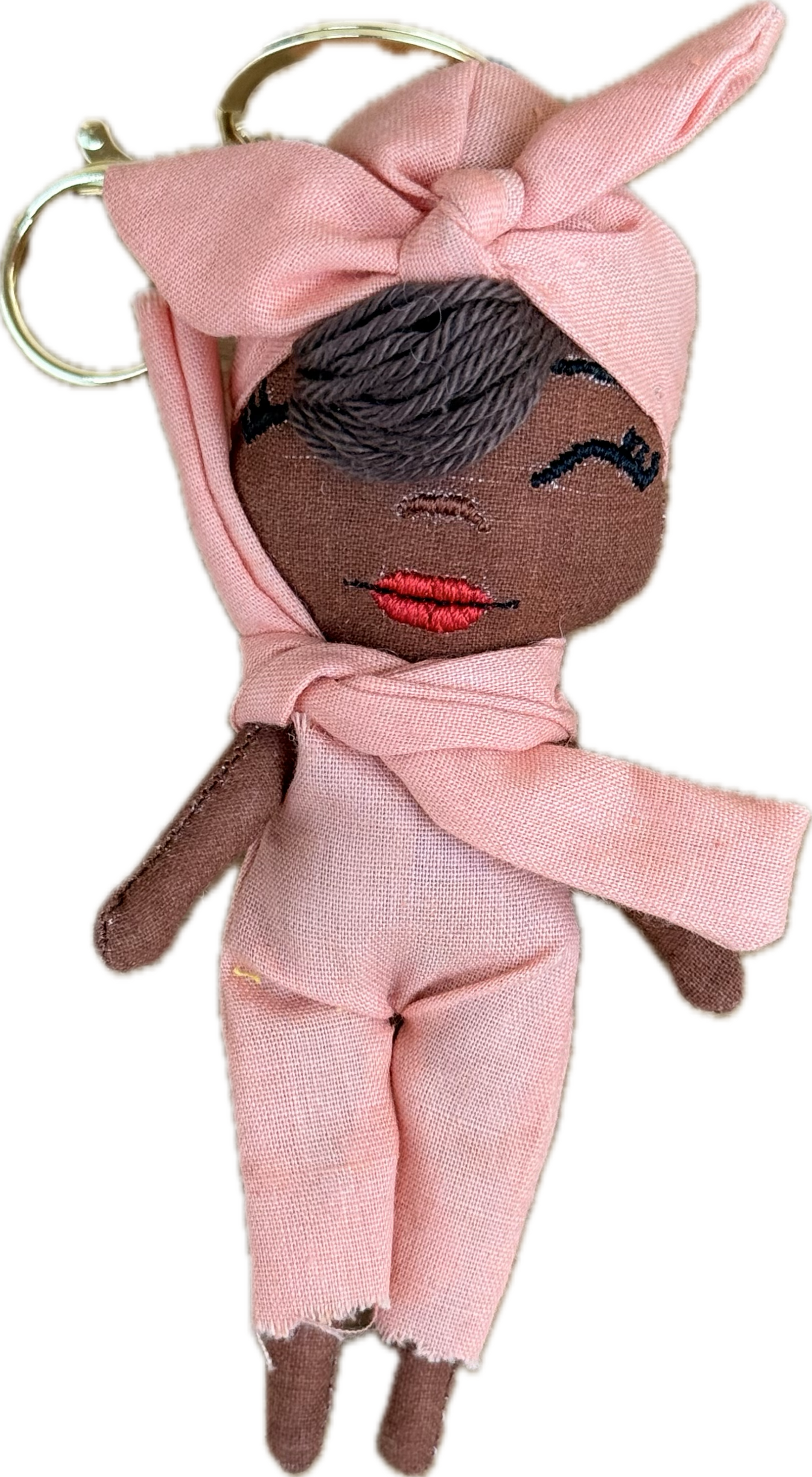 Douclé porte-clés poupée en tissu rose pâle, teint chocolat, fait main