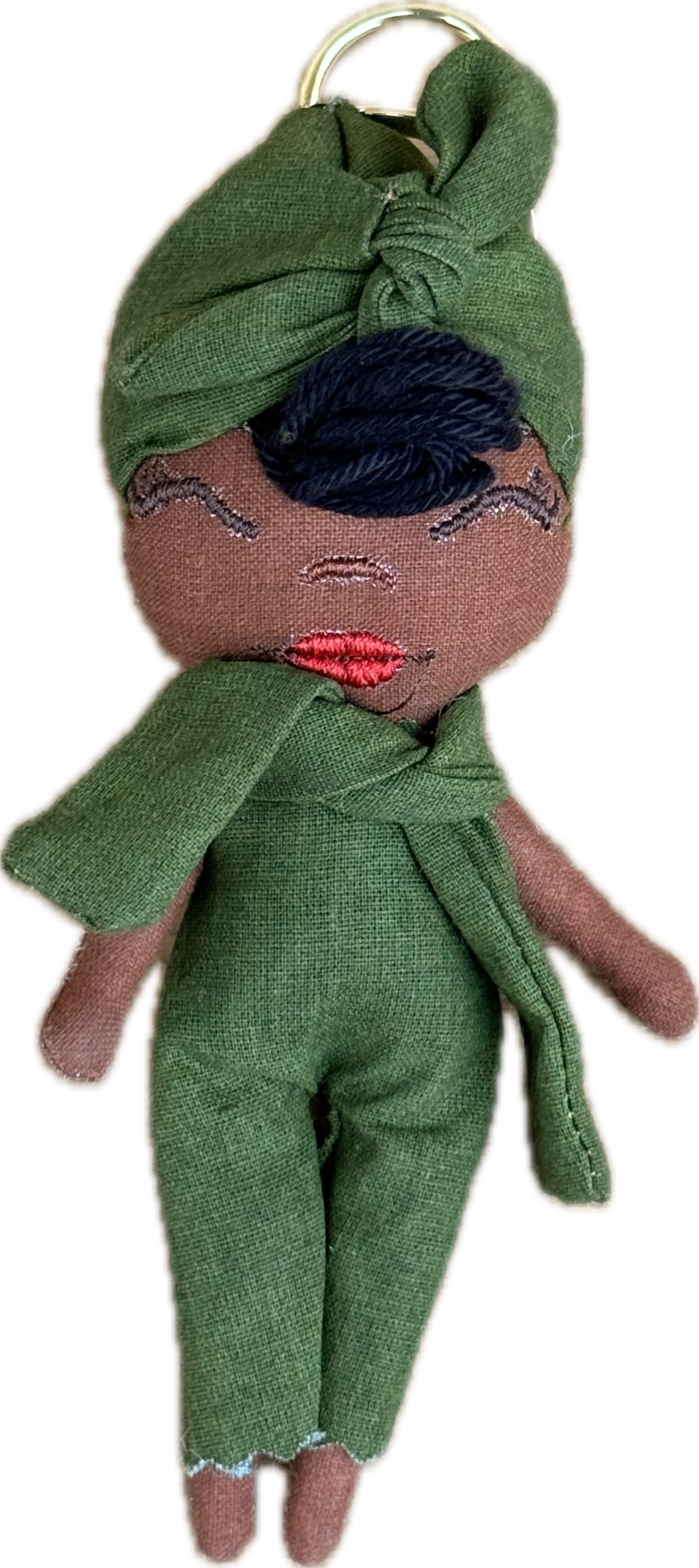 Douclé porte-clés poupée en tissu vert olive, teint chocolat, fait main