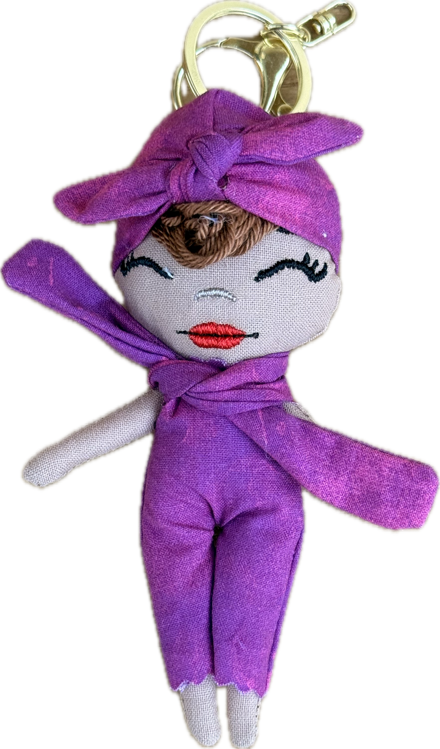 Douclé porte-clés poupée en tissu mauve, teint crème, fait main