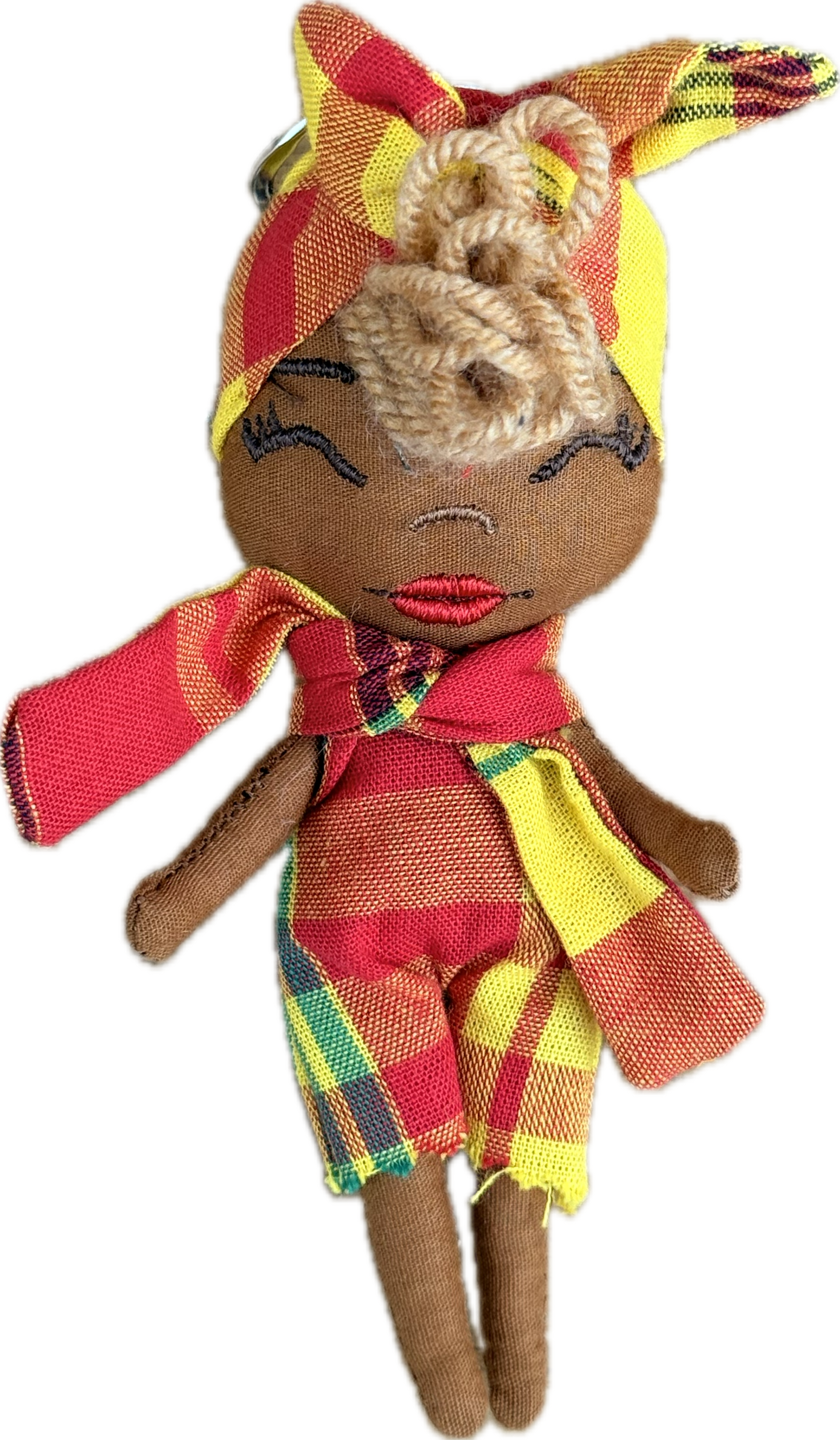 Douclé porte-clés poupée en tartan rouge et jaune, teint caramel, fait main