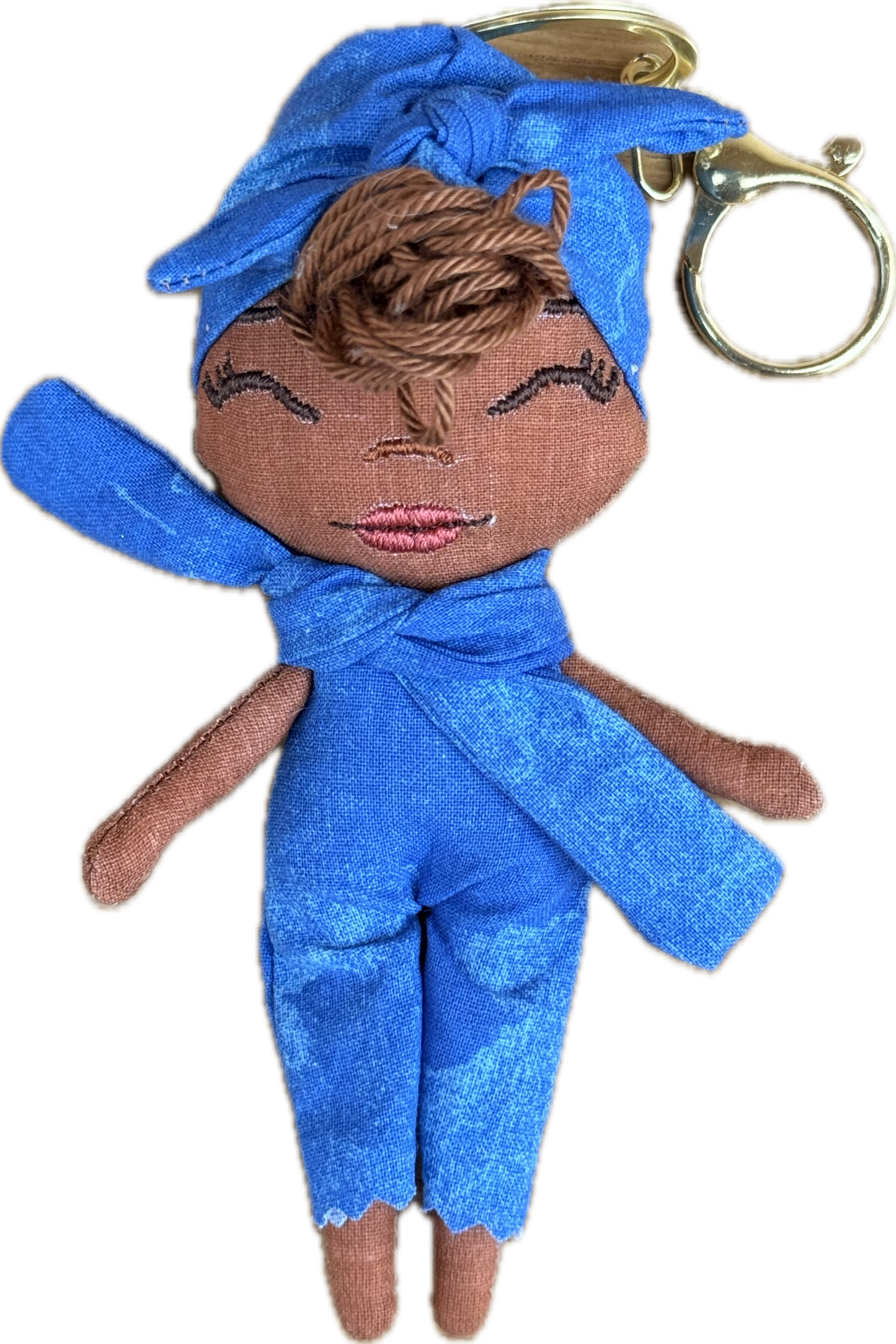 Douclé porte-clés poupée en tissu bleu cobalt, teint caramel, fait main
