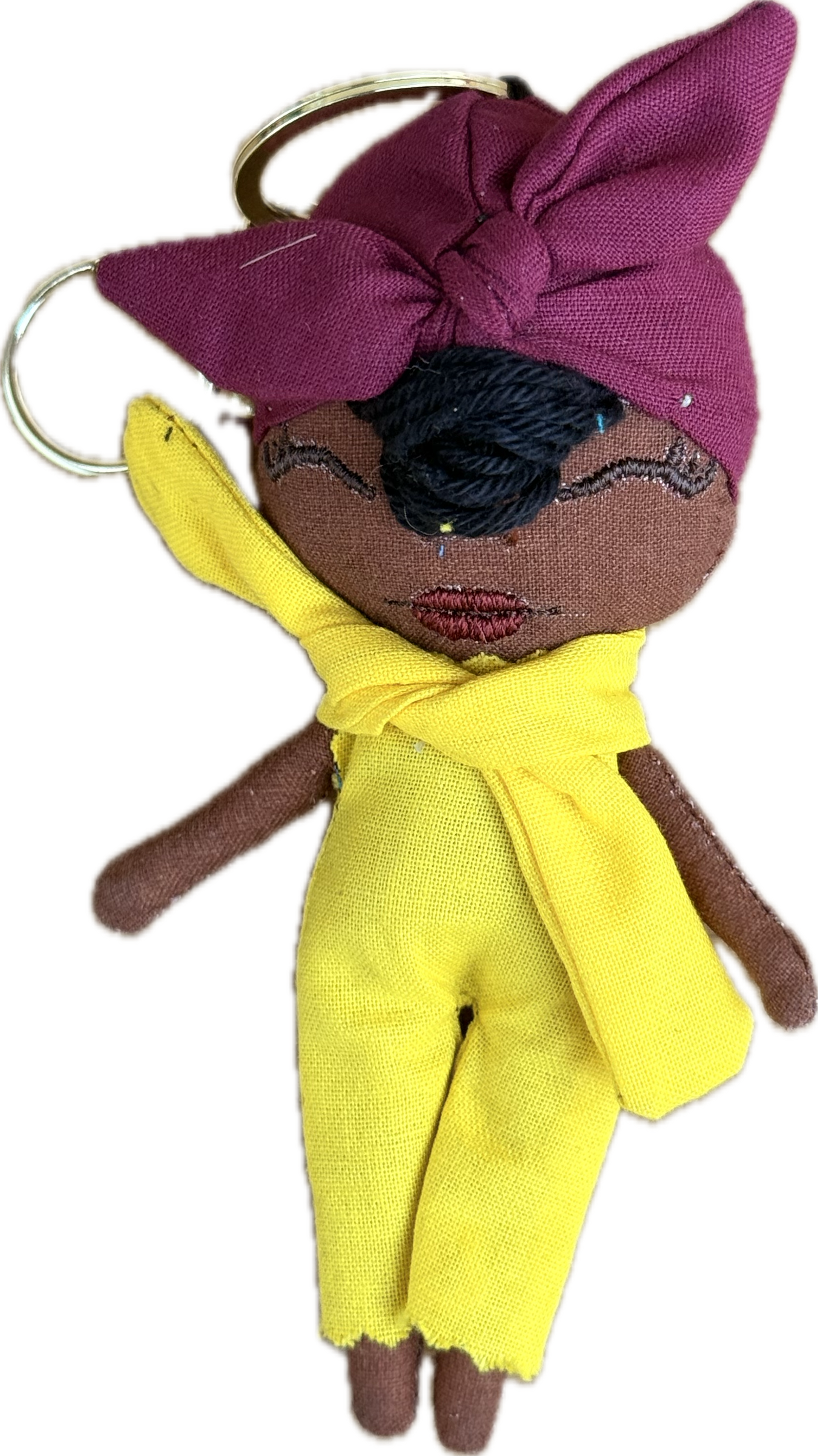 Douclé porte-clés poupée en tissu jaune avec headwrap bordeaux, teint chocolat, fait main