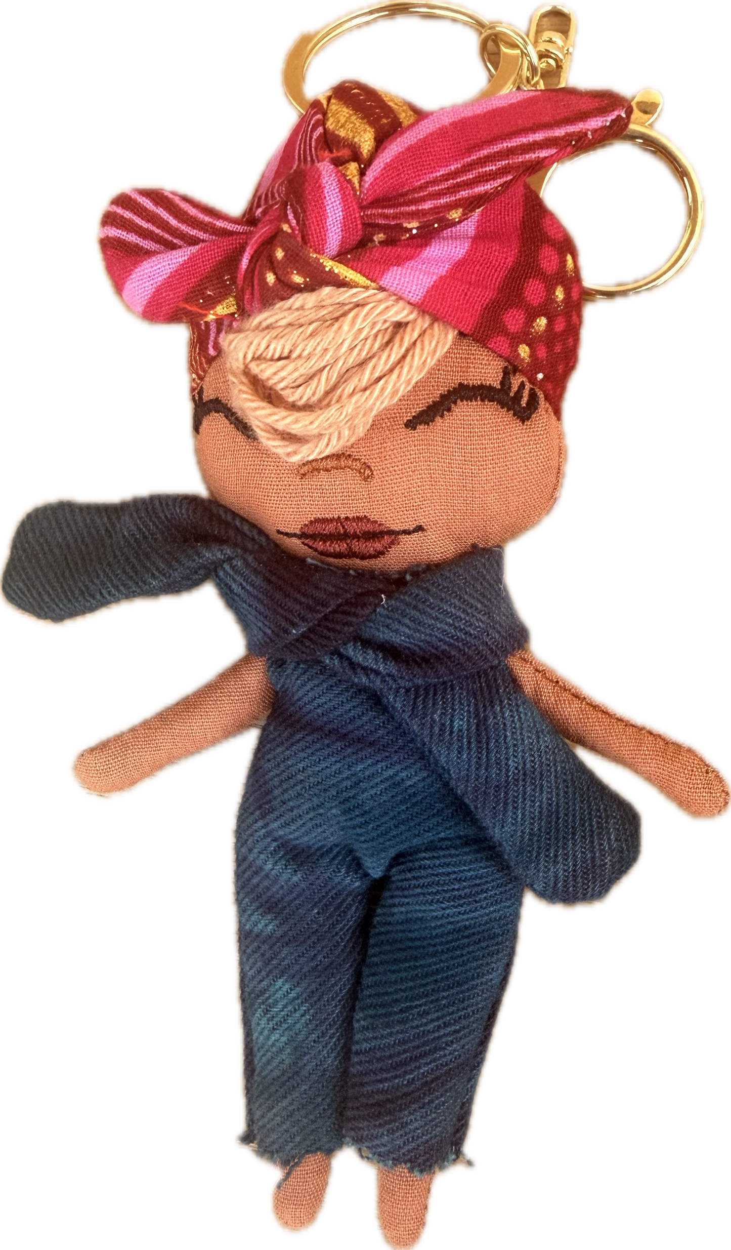 Douclé porte-clés poupée en denim avec turban rose et doré, teint caramel, fait main