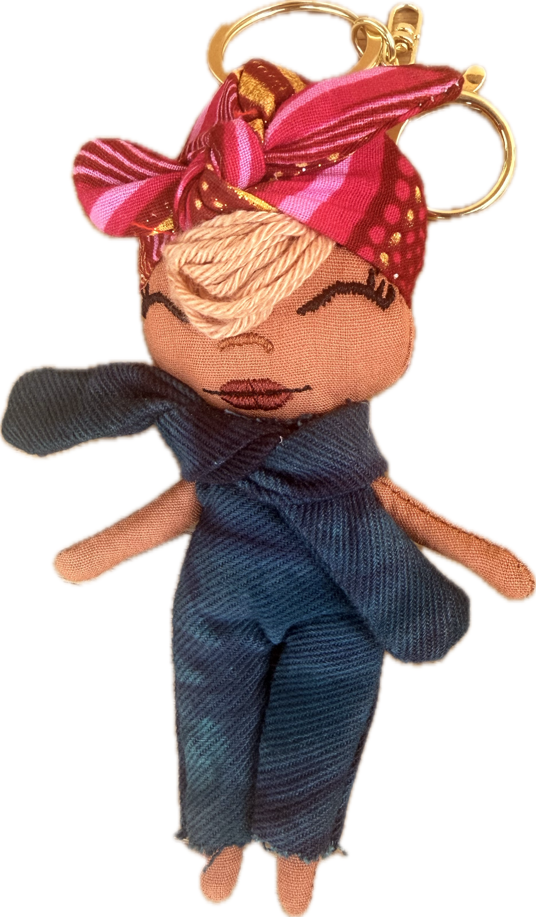 Douclé porte-clés poupée en denim avec turban rose et doré, teint caramel, fait main