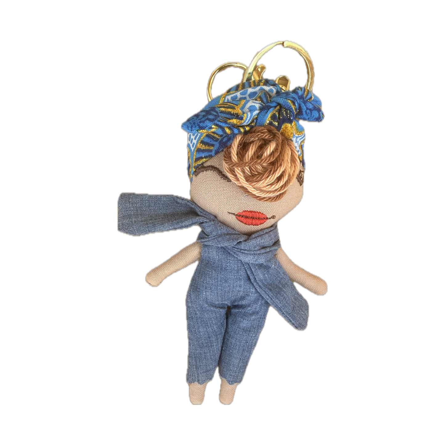 Douclé denim & turban bleu doré - Porte-clés poupée fait main - Pièce unique
