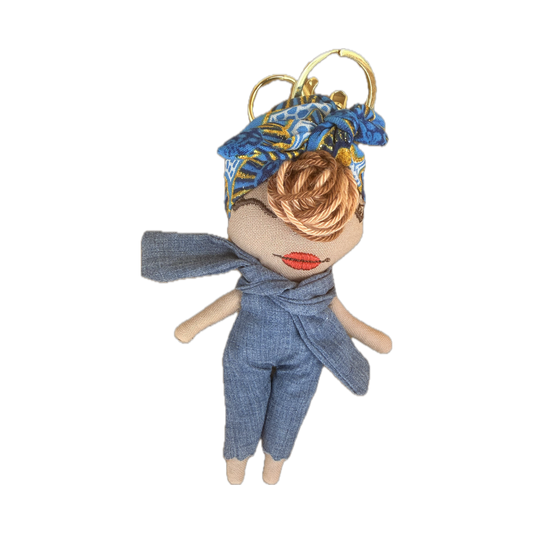 Douclé denim & turban bleu doré - Porte-clés poupée fait main - Pièce unique