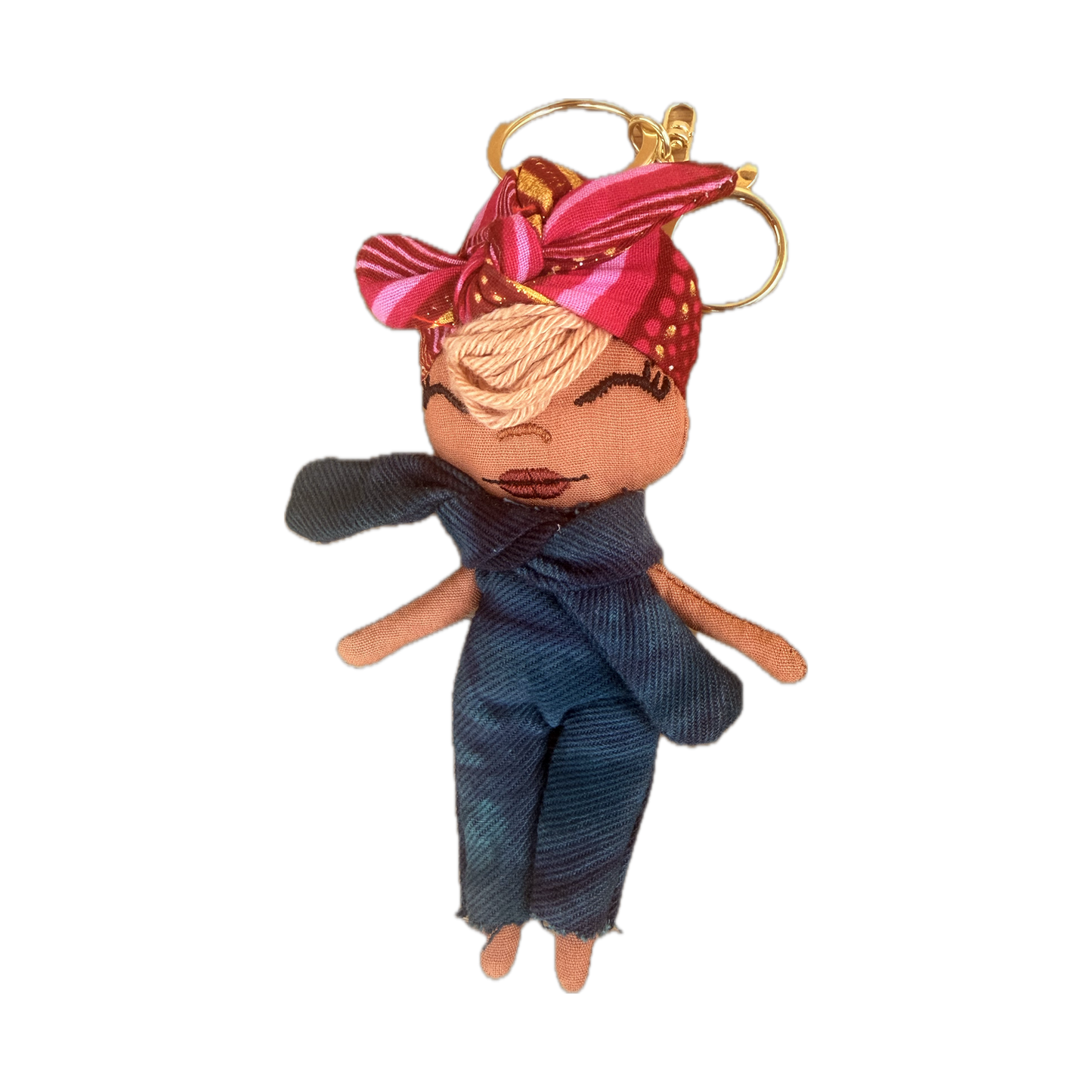 Douclé denim & turban rose framboise - Porte-clés poupée fait main - Pièce unique