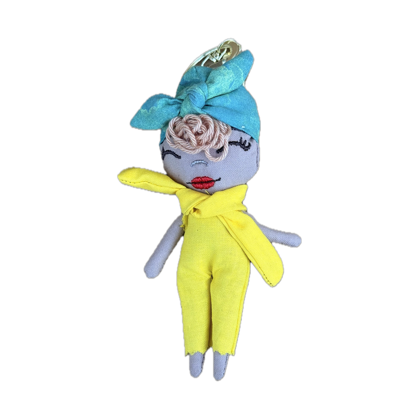 Douclé turquoise & tenue jaune - Porte-clés poupée fait main - Pièce unique