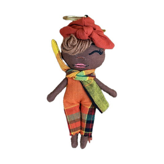 Douclé orange & foulard tartan multicolore - Porte-clés poupée fait main - Pièce unique