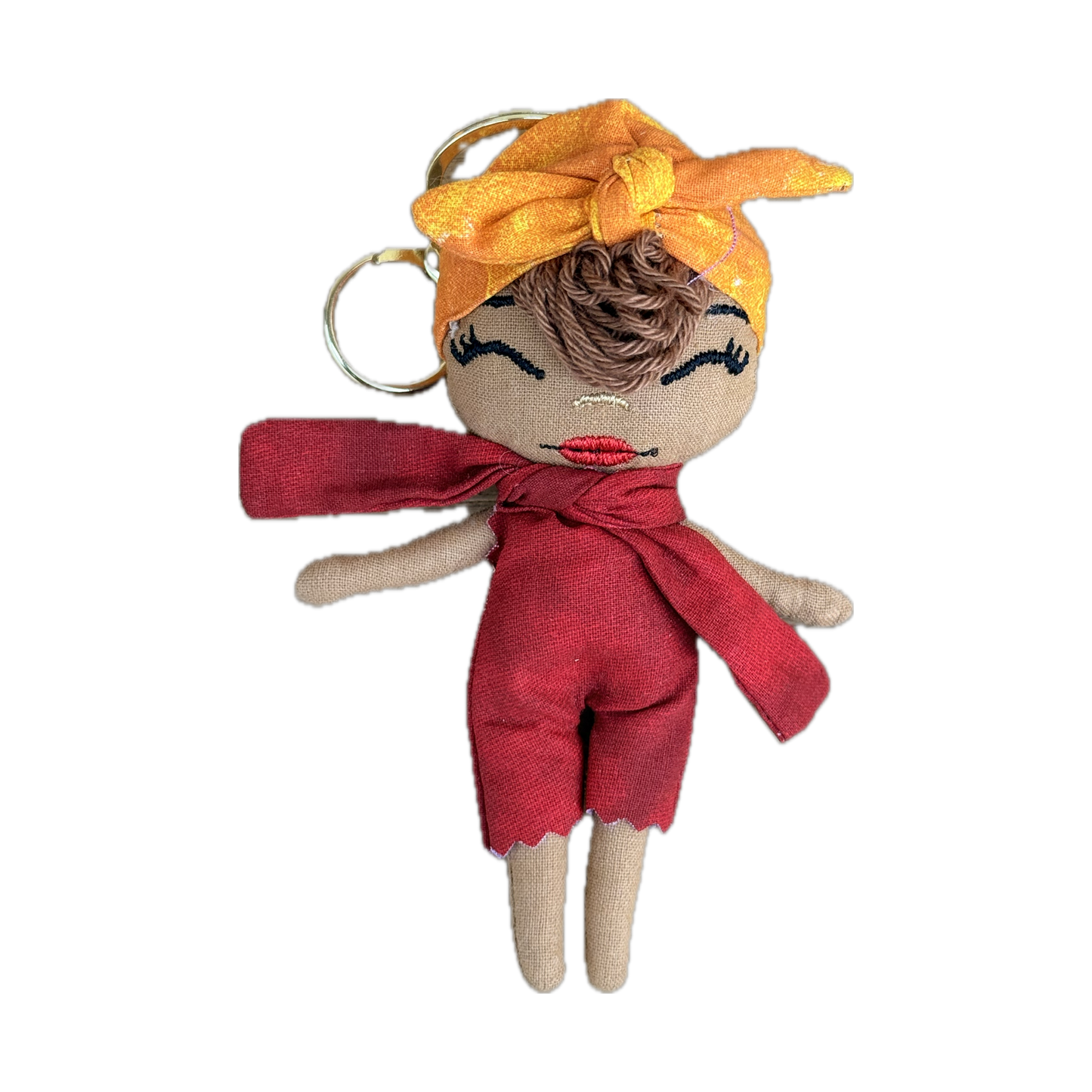 Douclé rouge & headwrap orange - Porte-clés poupée fait main - Pièce unique