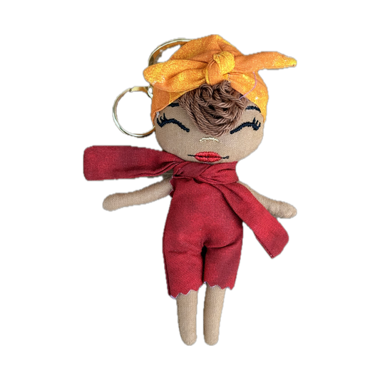 Douclé rouge & headwrap orange - Porte-clés poupée fait main - Pièce unique